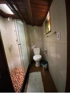 安格拉杜斯雷斯Chalé Ouro Verde的一间带卫生间和地毯的小浴室