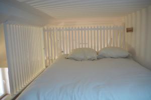 格勒诺布尔Les baleines - hypercentre 2 chambres avec garage et clim - air conditioning的卧室内的一张带两个枕头的白色床