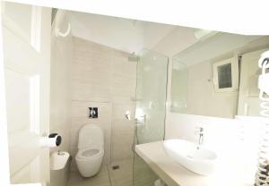 米克诺斯城迪米特拉膳食公寓的白色的浴室设有卫生间和水槽。