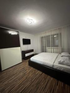 图尔恰LukApartaments的一间卧室配有一张大床和电视