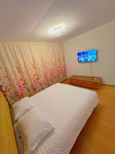 图尔恰LukApartaments的卧室配有白色的床和电视