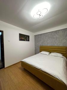 图尔恰LukApartaments的一间卧室配有一张天花板上灯的床