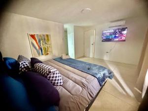 加拉加斯Amplio apartamento renovado con 3 habitaciones, 3 baños, terrazas, Smart TV y wifi incluidos的一间卧室配有一张大床和枕头