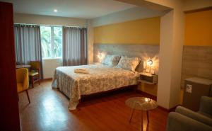塔克纳HOTEL SUDAMERICANA INN的酒店客房配有一张床铺和一张桌子。