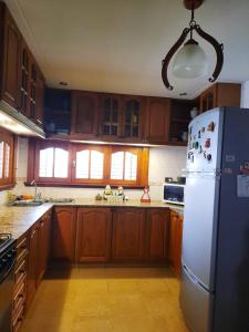 内科切阿Casa a 2 cuadras de la playa的厨房配有木制橱柜和白色冰箱。