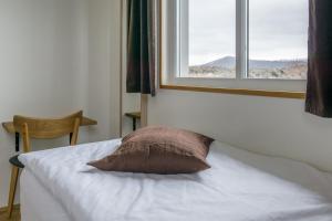 米湖Vogahraun 4的窗户间里一张带枕头的床