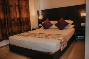 雅拉Aqua Hotel Yala的一间卧室配有一张带红色枕头的大床