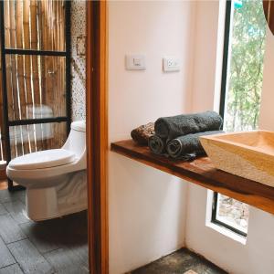 比亚维森西奥Umbral Hotel Boutique的一间带卫生间和架子毛巾的浴室