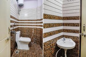 海得拉巴FabHotel Grand Broholic的浴室的两张照片,配有卫生间和水槽