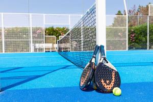 格里索利亚Valtur Il Cormorano Resort & Spa的两把网球拍和球场上的网球
