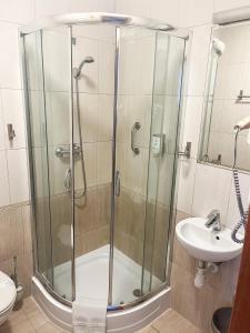 格但斯克劳格斯酒店的一个带水槽的玻璃淋浴间