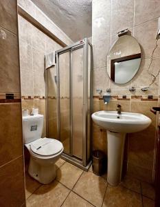 内夫谢希尔Hotel Seven Park的浴室配有卫生间、盥洗盆和淋浴。