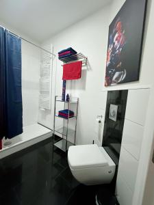 曼海姆高层公寓的一间带卫生间的浴室和一个带书籍的书架