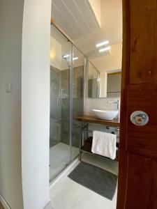 法诺Levante Flat - 100 m from the beach的一间带玻璃淋浴和水槽的浴室