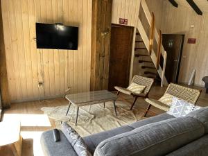 库里科Cabañas Wildki Lodge Vichuquen的客厅配有沙发、椅子和电视