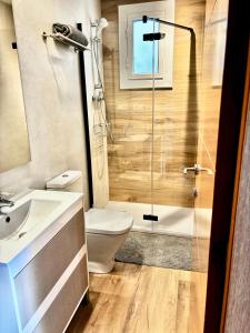 巴塞罗那巴塞罗那兰布拉大道公寓酒店的浴室配有卫生间、淋浴和盥洗盆。