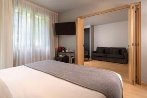 马萨纳NH Collection Andorra Palomé的一间卧室配有一张床和一张沙发