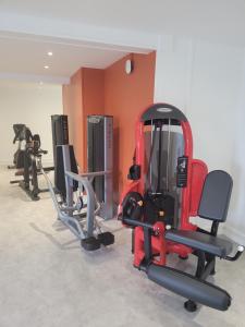 达迪利KYRIAD DIRECT LYON NORD - Dardilly的一间健身房,里面设有数个健身器材
