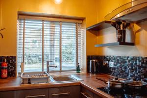 哈罗盖特Spacious Flat with Free Parking的厨房设有水槽和窗户。