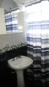 米拉马尔Posada del Flamenco的一间带水槽和淋浴帘的浴室