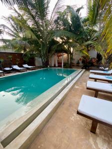 帕杰CeZeRe THE PALM HOTEL的一座游泳池,里面设有躺椅和棕榈树