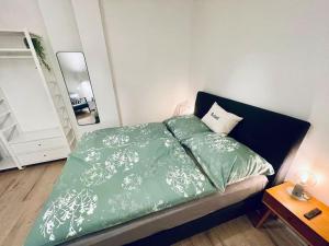 格拉茨City Apartment Rudolf 26m2的一间卧室配有一张带绿色床单和镜子的床