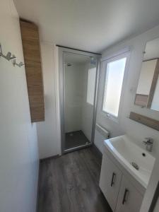 塞里尼昂Super mobil-home aux Sables du Midi的白色的浴室设有水槽和镜子