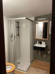 维也纳Gesamtes Haus mit Garten - 100% Privatsphäre的带淋浴、卫生间和盥洗盆的浴室