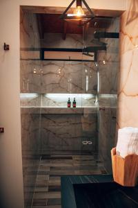 里奥内格罗Örök Hotel的浴室里设有玻璃门淋浴