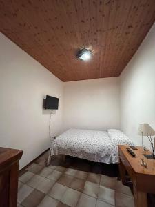 马尔恰纳Casa elbana的一间卧室设有一张床和木制天花板