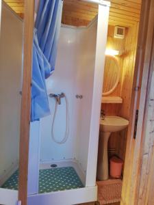 勒蒂约Location chalets的一个小浴室里的一个淋浴,浴室里设有一个水槽