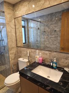 新山R&F Princess Cove JB Apartment Suites By SC Homestay的一间带水槽、卫生间和镜子的浴室