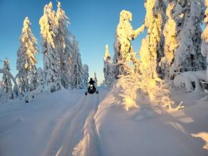 ÄkäsjoensuuLapland Riverside Cabin, Äkäsjoen Piilo - Jokiranta, Traditional Sauna, Avanto, WiFi, Ski, Ylläs, Erä, Kala的骑雪地车的人