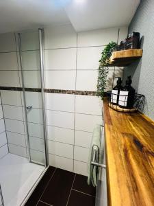 Heuchelheim-KlingenFerienwohnung Palatina的带淋浴的浴室和木制柜台。