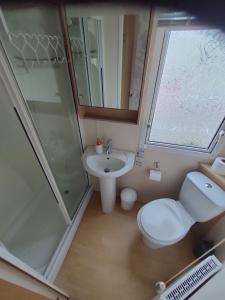 巴茅思M&C Caravan Hire Sunnysands的浴室配有卫生间、盥洗盆和淋浴。