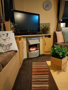 巴茅思M&C Caravan Hire Sunnysands的客厅设有壁炉和平面电视