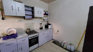伊凯贾Weltons Apartments的小厨房配有炉灶和白色橱柜。