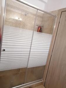 科扎尼ANIA'S APARTMENT ( ΣΤΟ ΚΕΝΤΡΟ ΤΗΣ ΚΟΖΑΝΗΣ )的浴室内提供白色百叶窗淋浴
