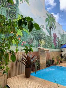 迪亚曼蒂纳POUSADA CAPIM LIMÃO的一座建筑的一侧,设有一座带壁画的游泳池