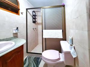 里奥内格罗HOSTAL - Casa Rionegro -10 min del aeropuerto的带淋浴、卫生间和盥洗盆的浴室