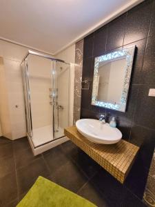 阿吉奥斯伊欧尼斯Centaur Villa的浴室配有盥洗盆和带镜子的淋浴