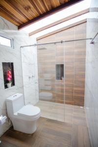 圣希尔Glamping Monteverde San gil的一间带卫生间和玻璃淋浴间的浴室