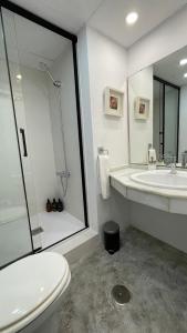 塞维利亚El Jardin de la Palmera的浴室配有卫生间、盥洗盆和淋浴。