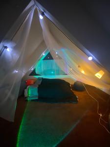 斜坡村Cozy & affordable, Spacious Condo by the lake的带帐篷、床和灯的房间