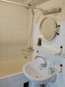 塔什干Apartment Tsentr 5的浴室配有盥洗盆、镜子和浴缸