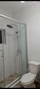 安东尼奥港Alex's Place - Tim Pappies的一间带卫生间和玻璃淋浴间的浴室