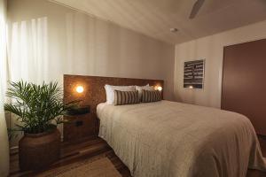 黄金海岸The Cheshire Cat Motel的一间卧室配有一张床和盆栽植物