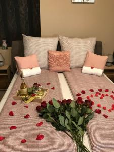 托考伊Aranyfürt Vendégház的一张床上有一大堆红玫瑰