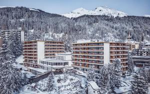 达沃斯Mountain Plaza Hotel的被积雪覆盖的城市,有建筑物和山