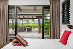 南迪Naisoso Island Villas - Fiji的一间卧室设有一张床和一个庭院。